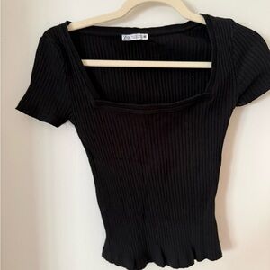 Zara Black Ribbed Square Neck Top